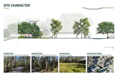 Detailed character of the upland forest conditions found on the site, where the main facilities of the Bluebonnet Swamp are located.