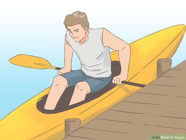 Cartoon image depicting proper way to get into a kayak