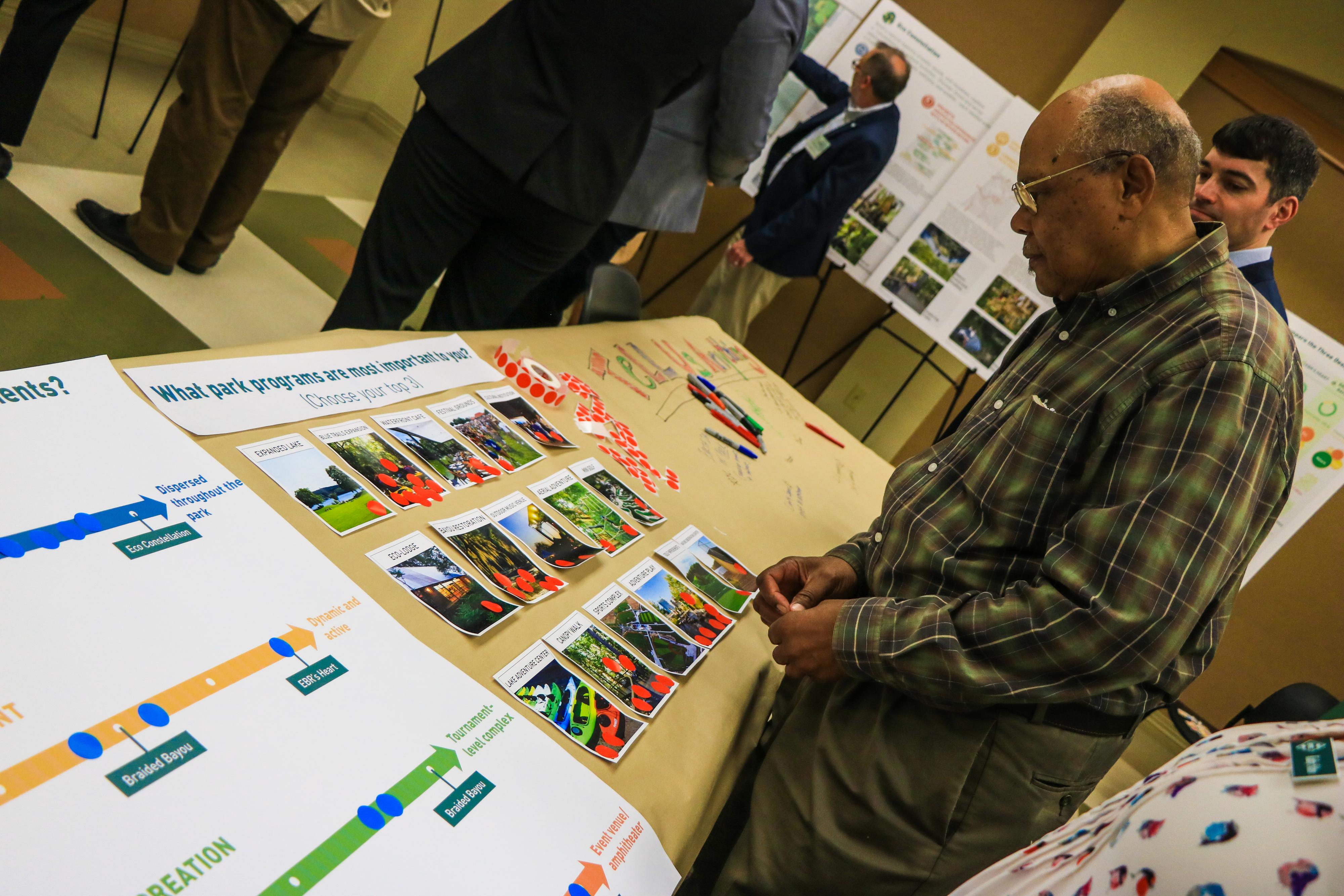 Person standing at a table, participating in dot survey