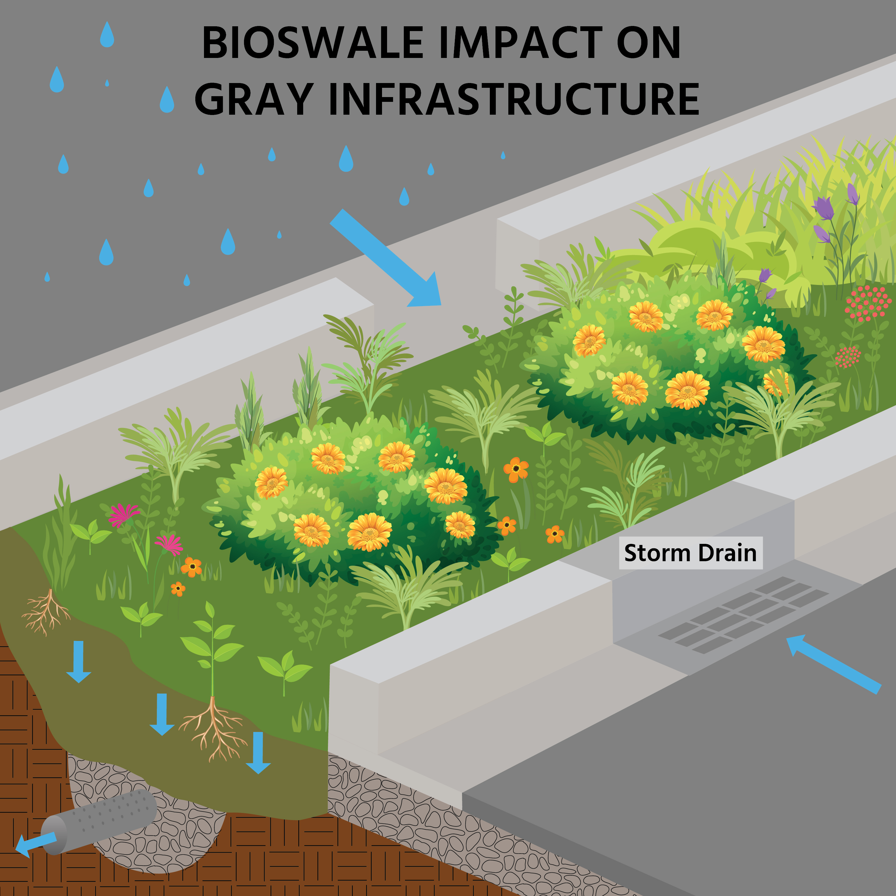 Educational illustration demonstrating how bioswales filter water before entering storm drains - bioswal impact on gray infrastructure