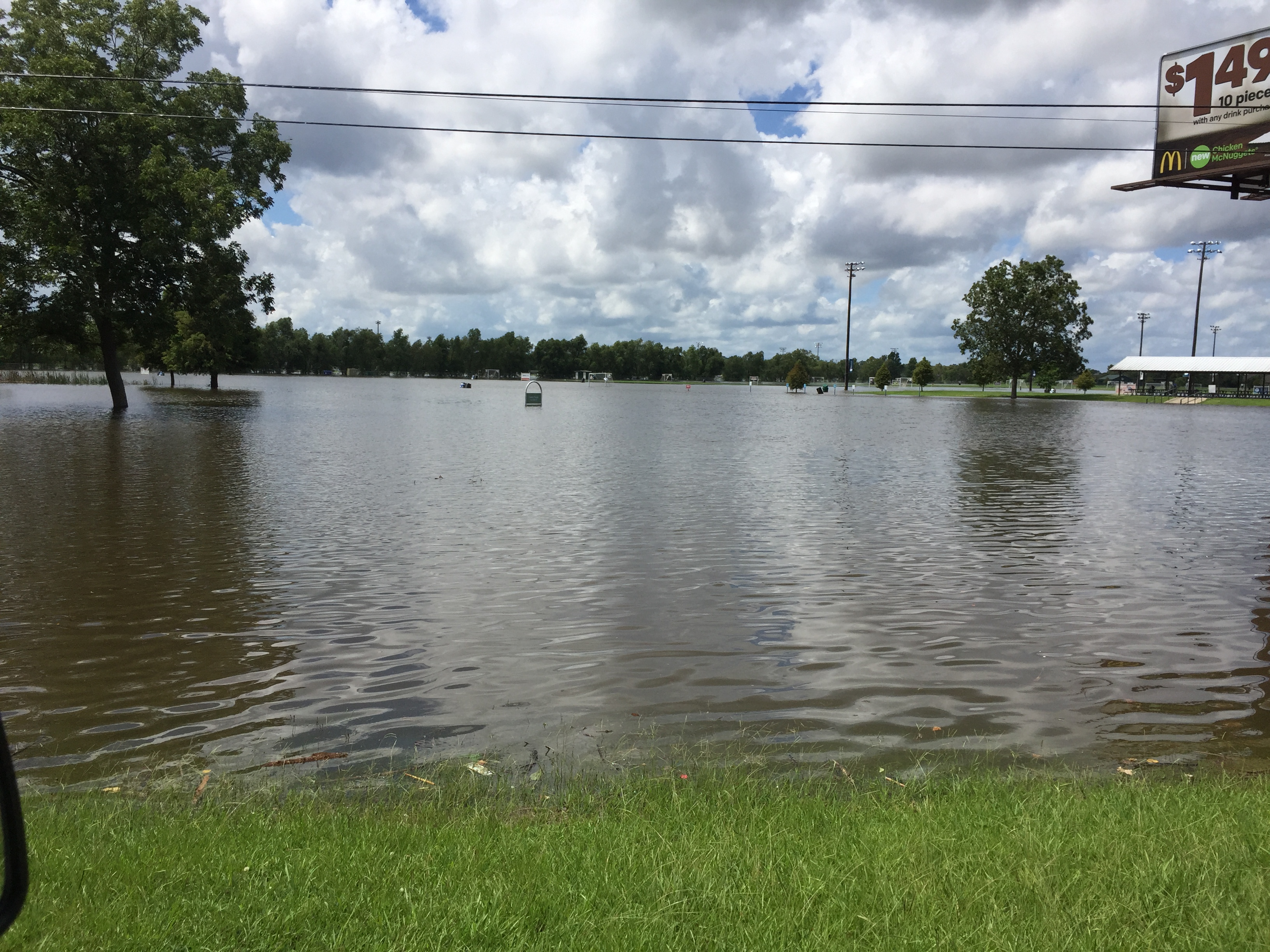 Flooded soccer fields showing extent of flooding at Burbank Soccer Complex during 2016 flood