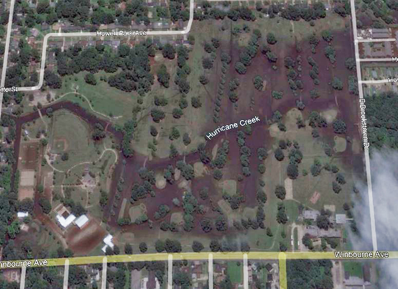 Aerial imagery showing the extent of flooding at Howell Community Park along Hurricane Creek during 2016 flood