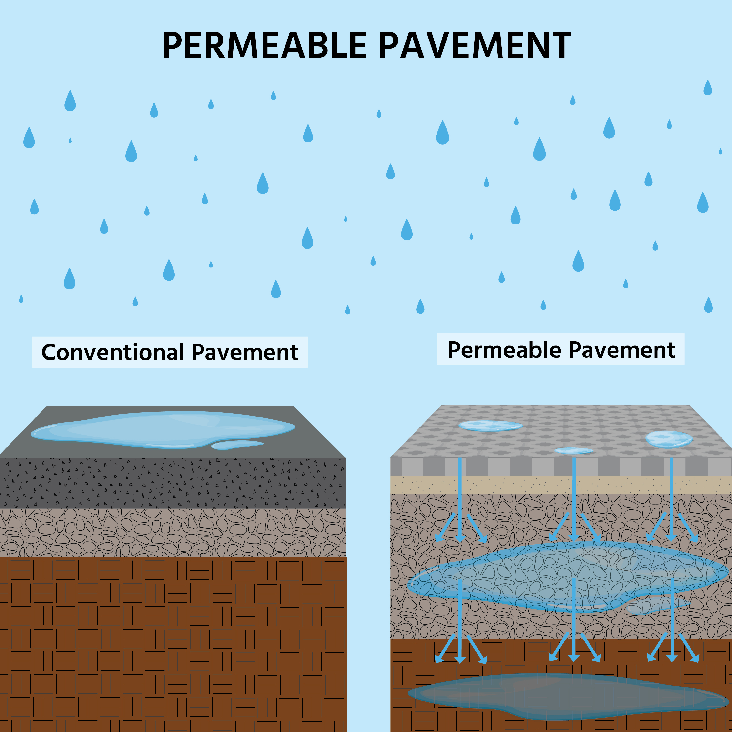 Education illustration of a segment of pavement showing convential pavement and permeable pavement side by side in rainy conditions