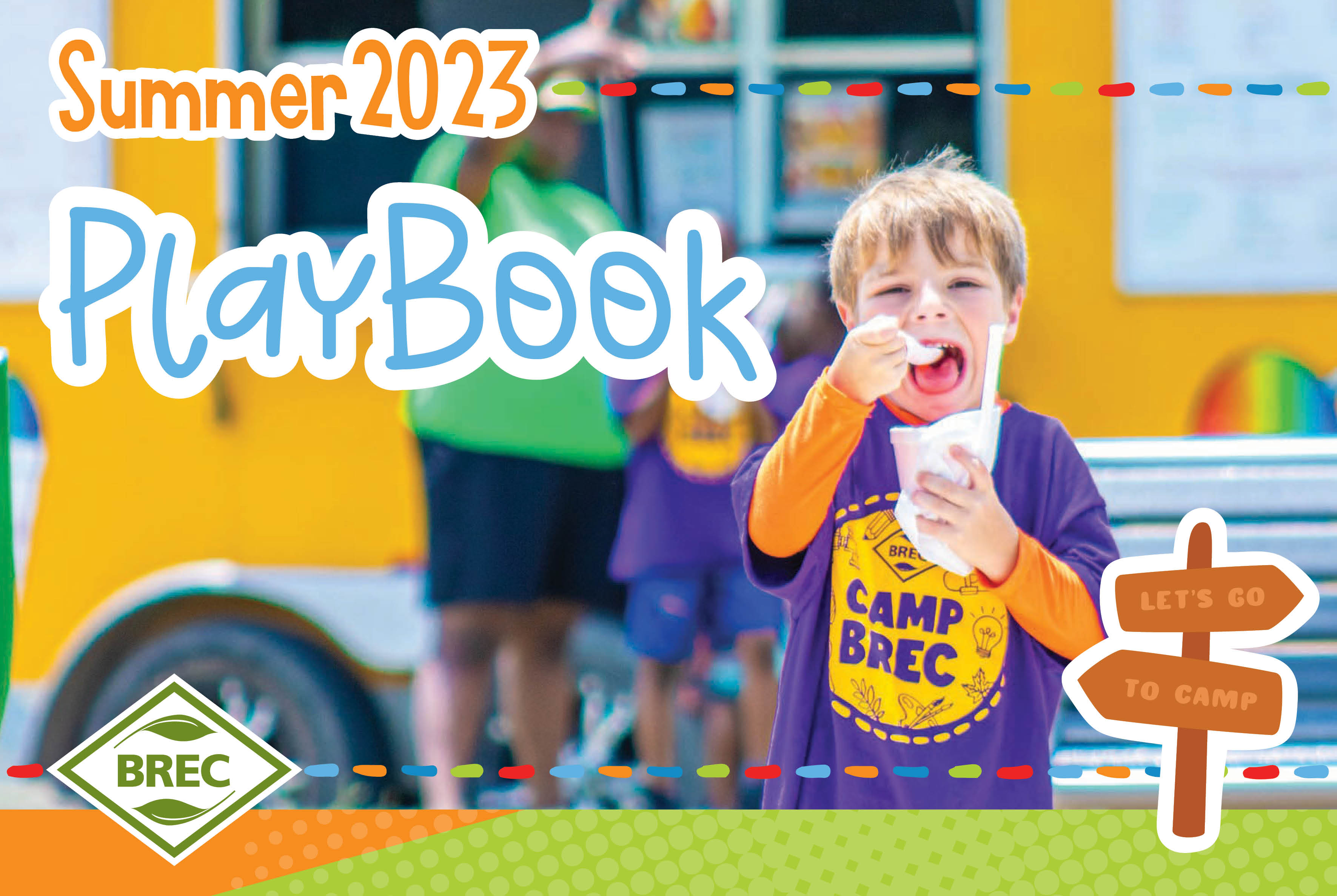 Photo of little boy eating a snowball standing in a park with "Summer 2023 Playbook" overlay