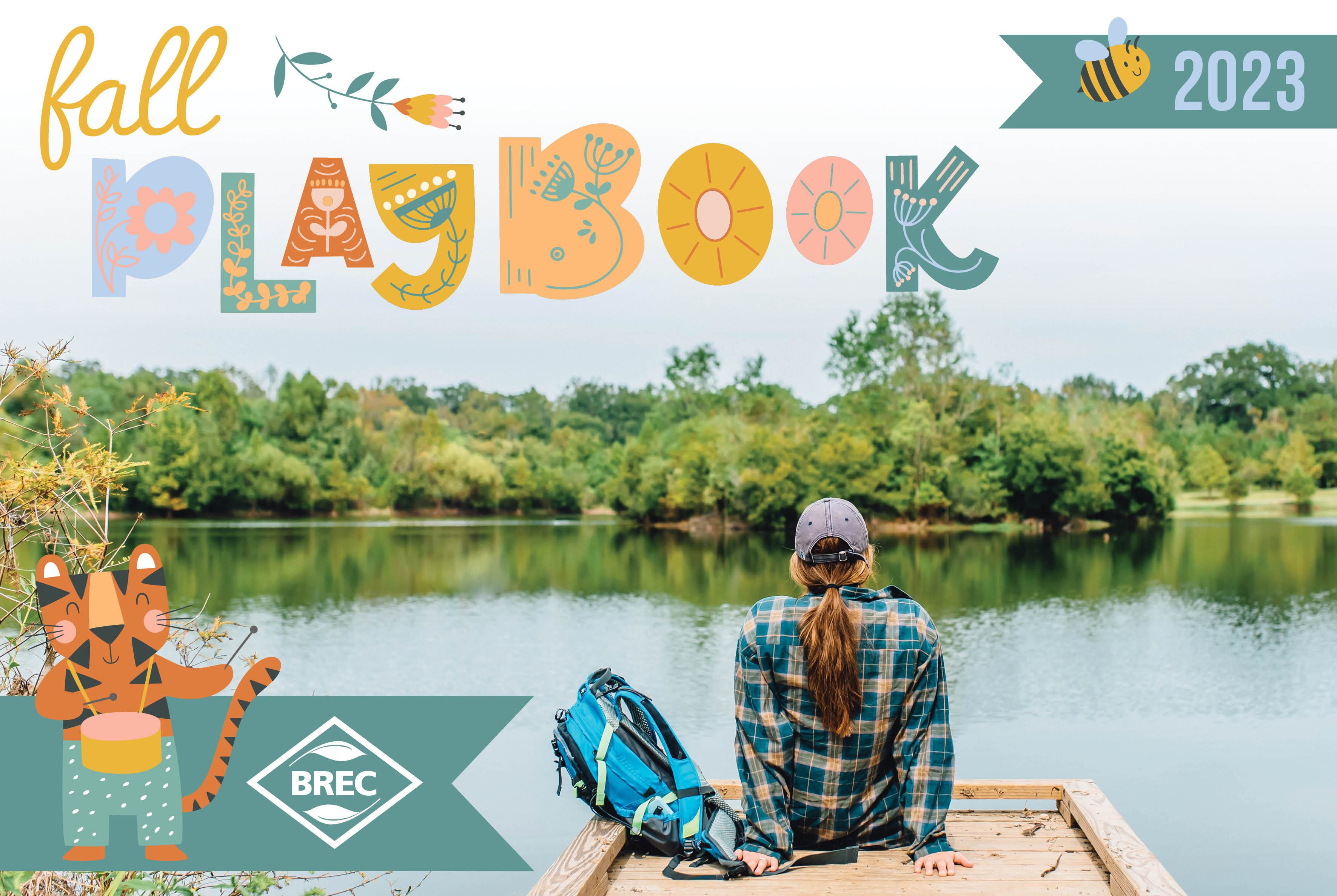 Woman sitting on pier, looking out over water. Graphics labeling it Fall Playbook 2023