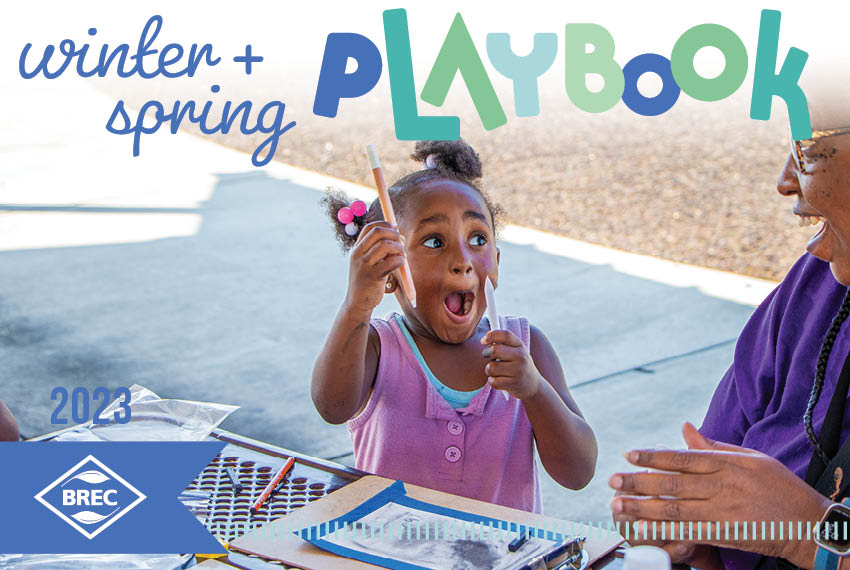 Winter + Spring Playbook 2023 text overlay with little girl excitedly painting at outdoor table
