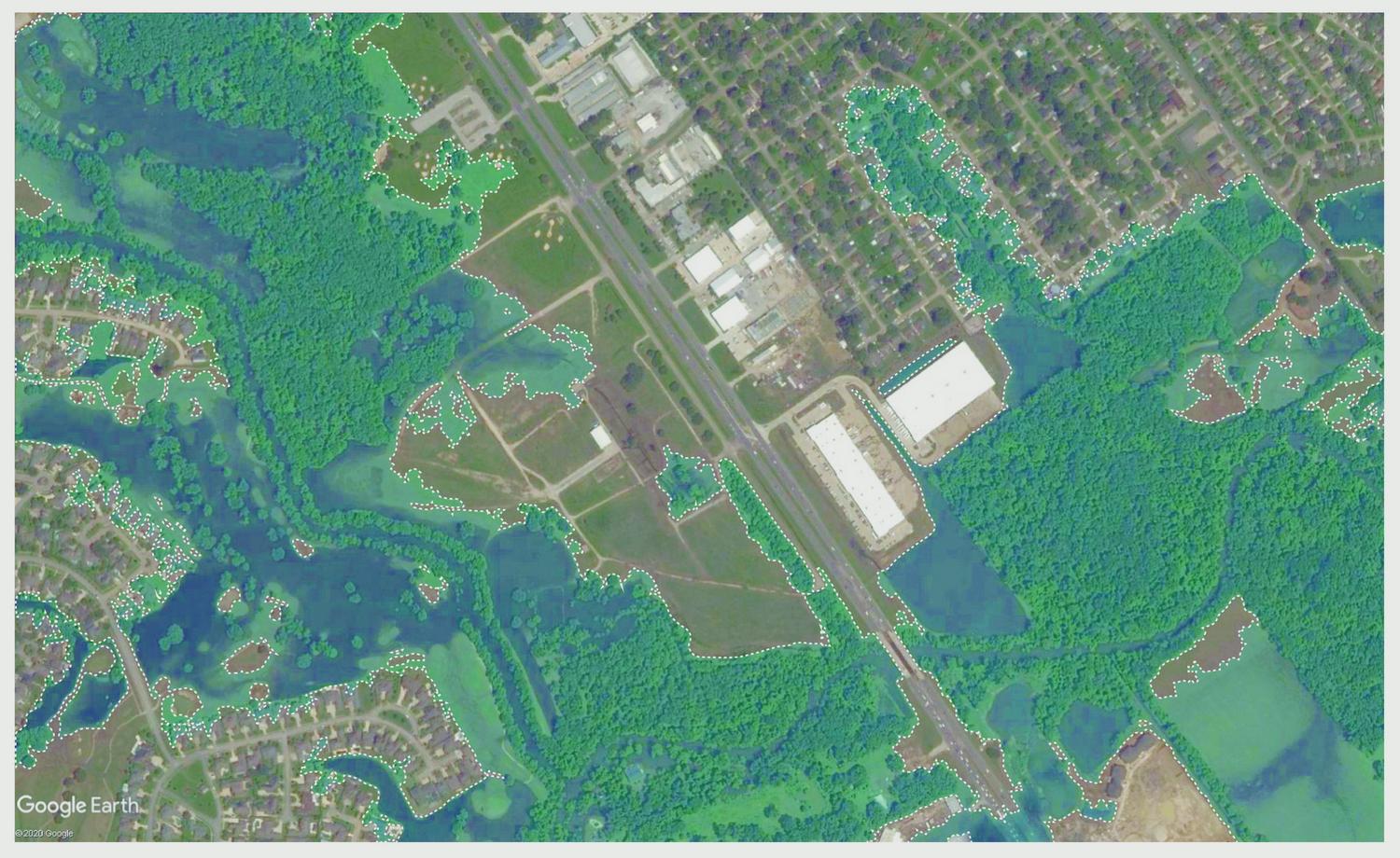 Aerial map image with suggested flood inundation outlines as a result of 2016 flood