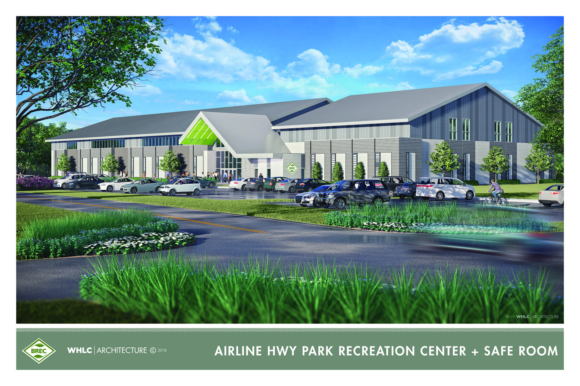 rendering of new recreation center at Airline Highway Park