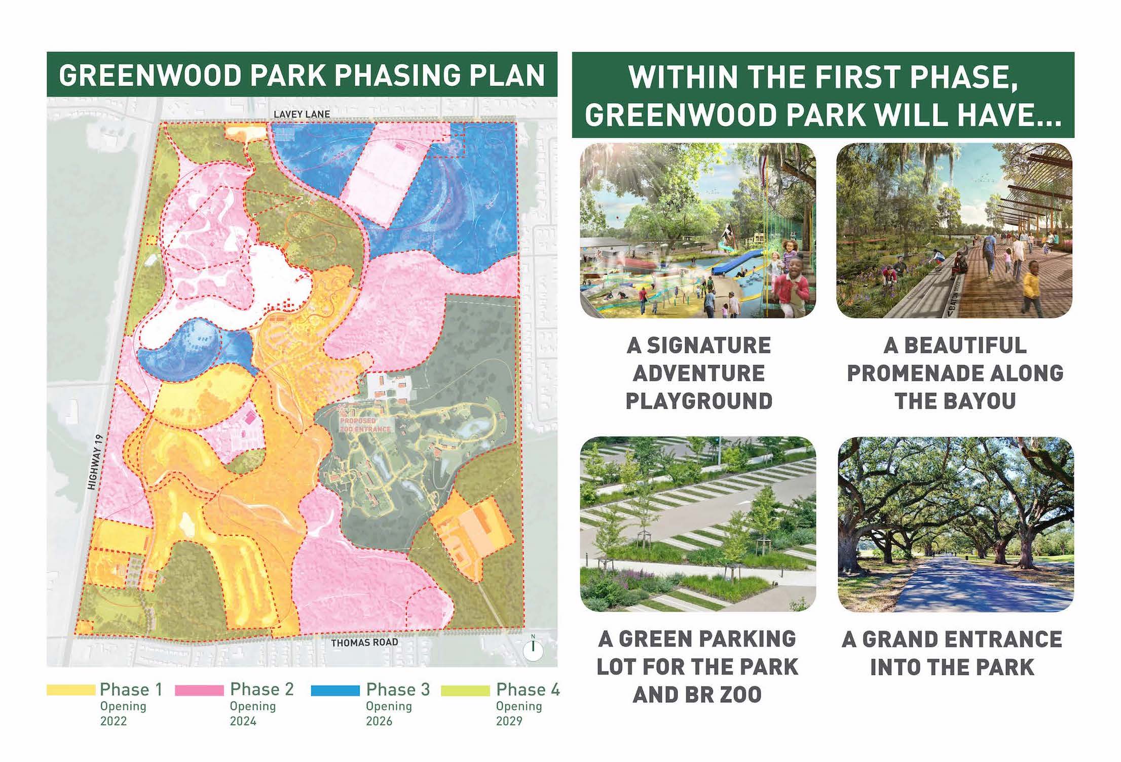 First Phase of Greenwood Plan to include elements listed in project plan; image has colored map and spirit images