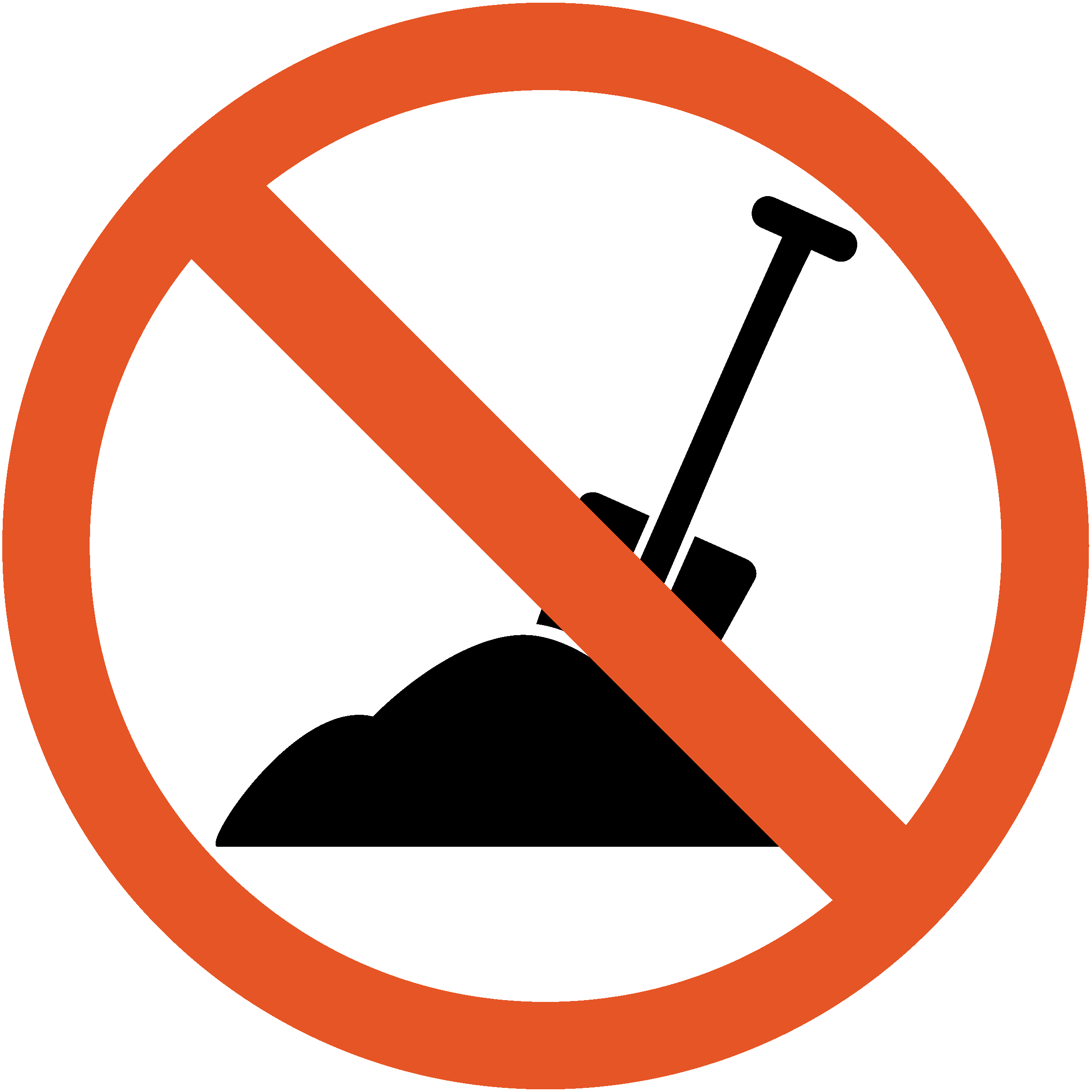 icon of no symbol over shovel positioned in pile of dirt