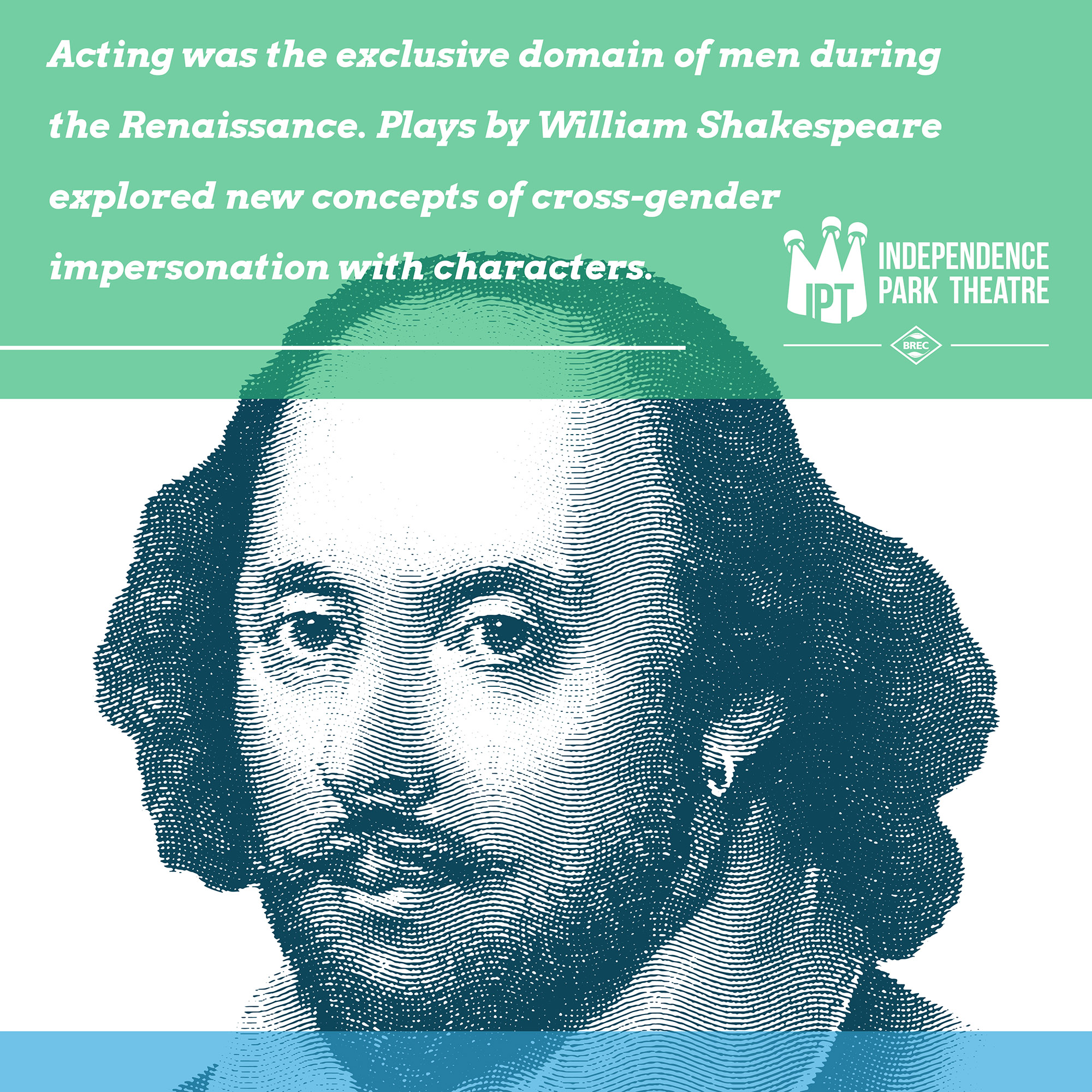 Depiction of William Shakespeare with text "Acting was the exclusive domain of men during the Renaissance. Plays by William Shakespeare explored new concepts of cross-gender impersonation with characters."